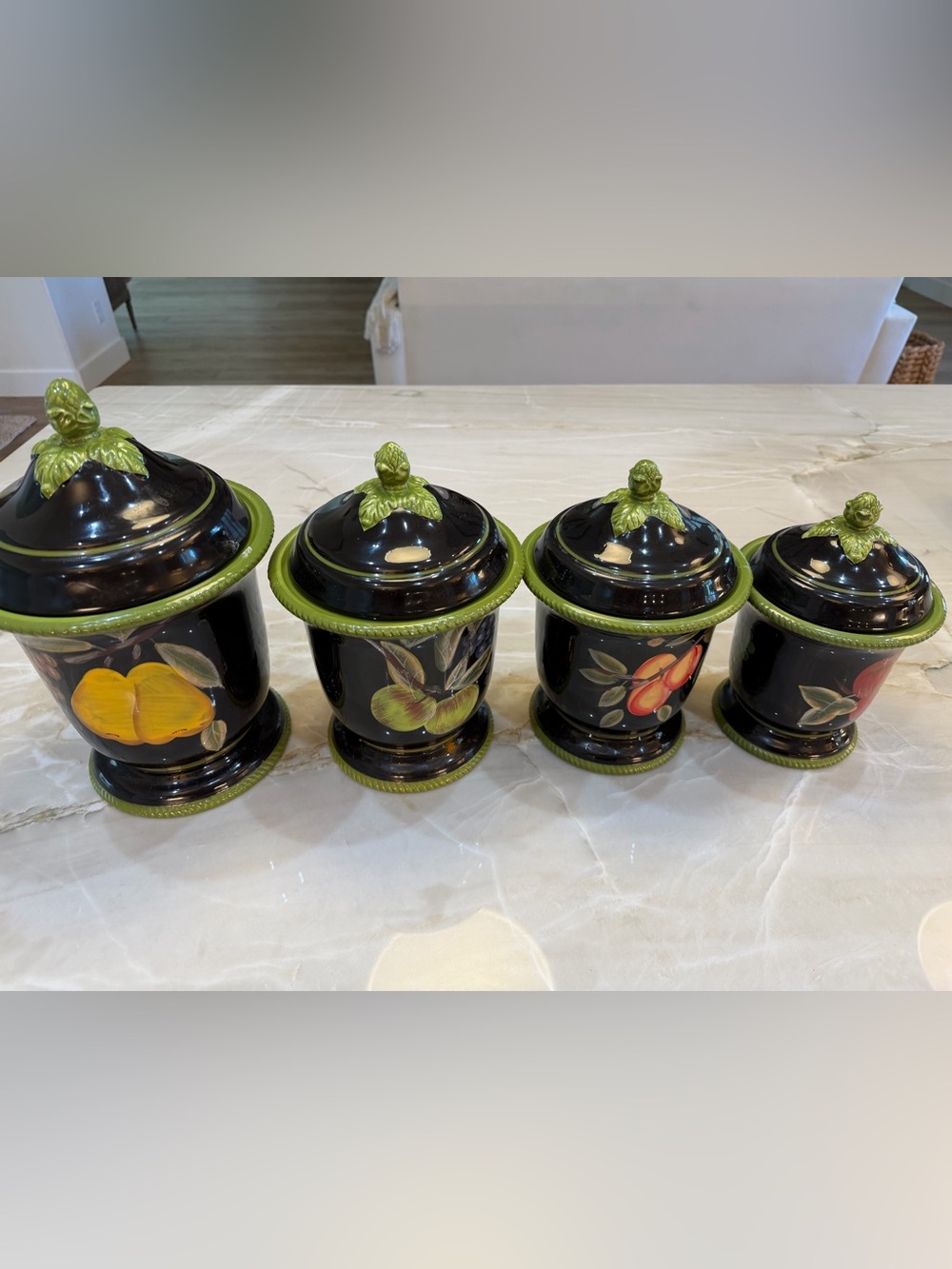 Certified International Black Ceramic Fruit Canister Set with Green Trim 4 piece